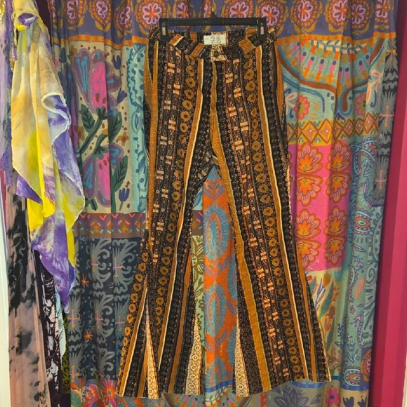 Free People Black & Mustard Patterned Flare Pants - Corduroy - Picture 1 of 6